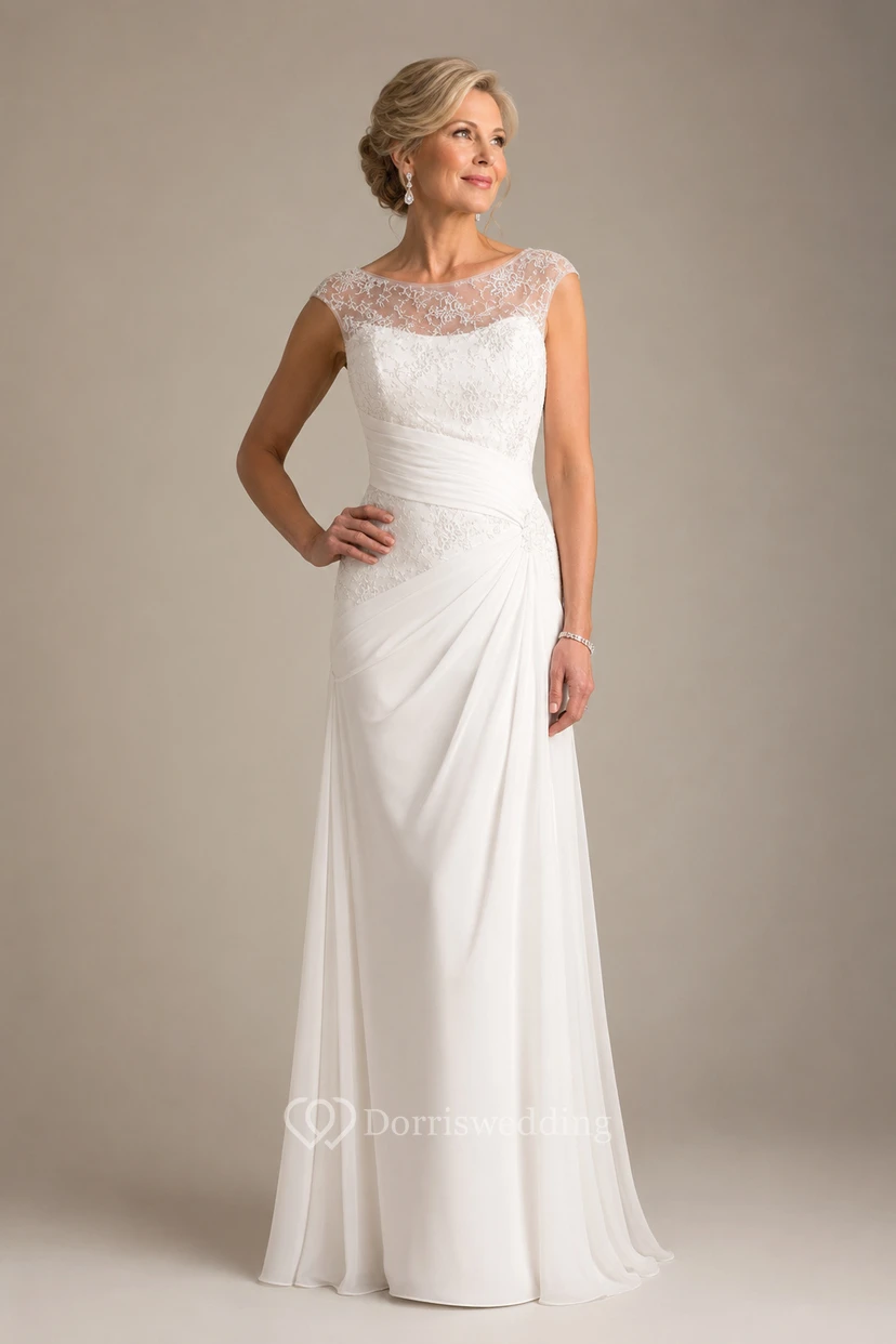 Chiffon-Etui-Kleid mit Rundhalsausschnitt und seitlicher Drapierung, das die Mutter der Braut ziert view 5
