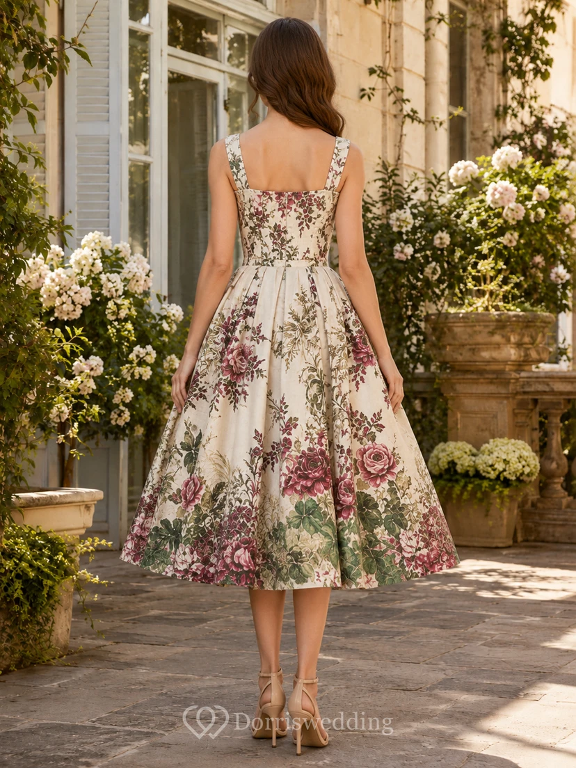Robe trapèze fleurie mi-longue à col carré, idéale pour une garden-party view 2