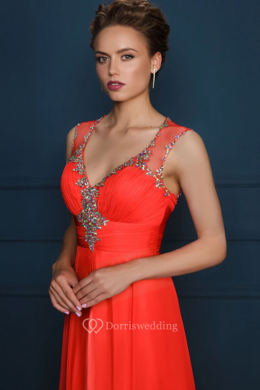 Sheath V-Neck Sleeveless Floor-Length Beaded Evening Dress With Ruching view 4