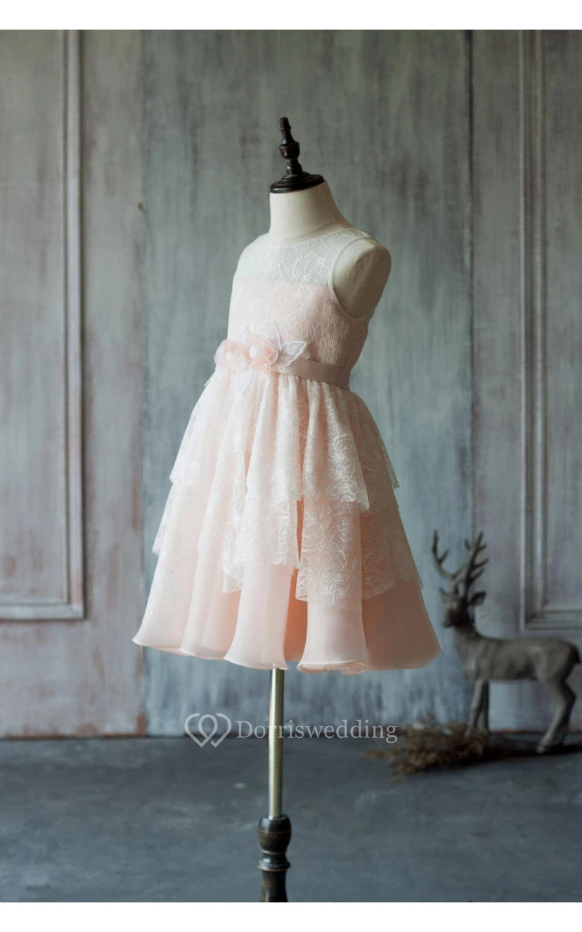 Illusion Bateau Neck Sleeveless A-line Layered Lace Gown With Flower Sash view 2