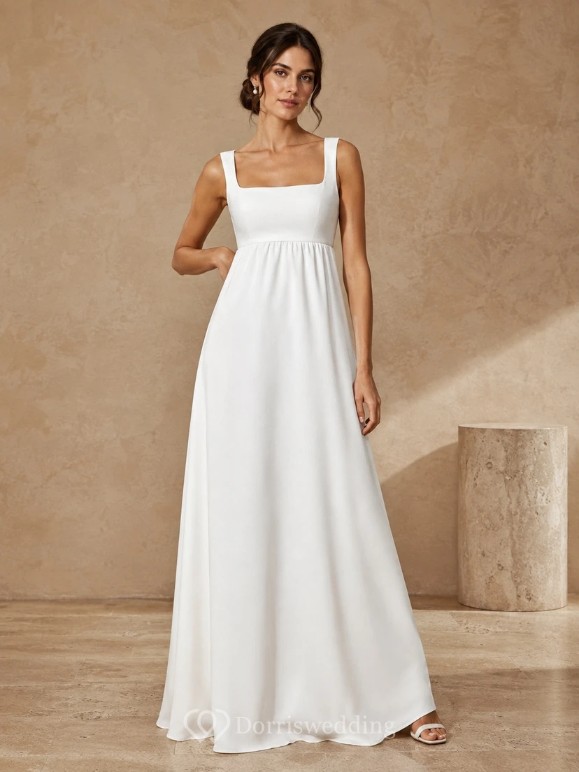 Simple Empire Square Neck Sleeveless Floor-Length Civil Courthouse Wedding Dress