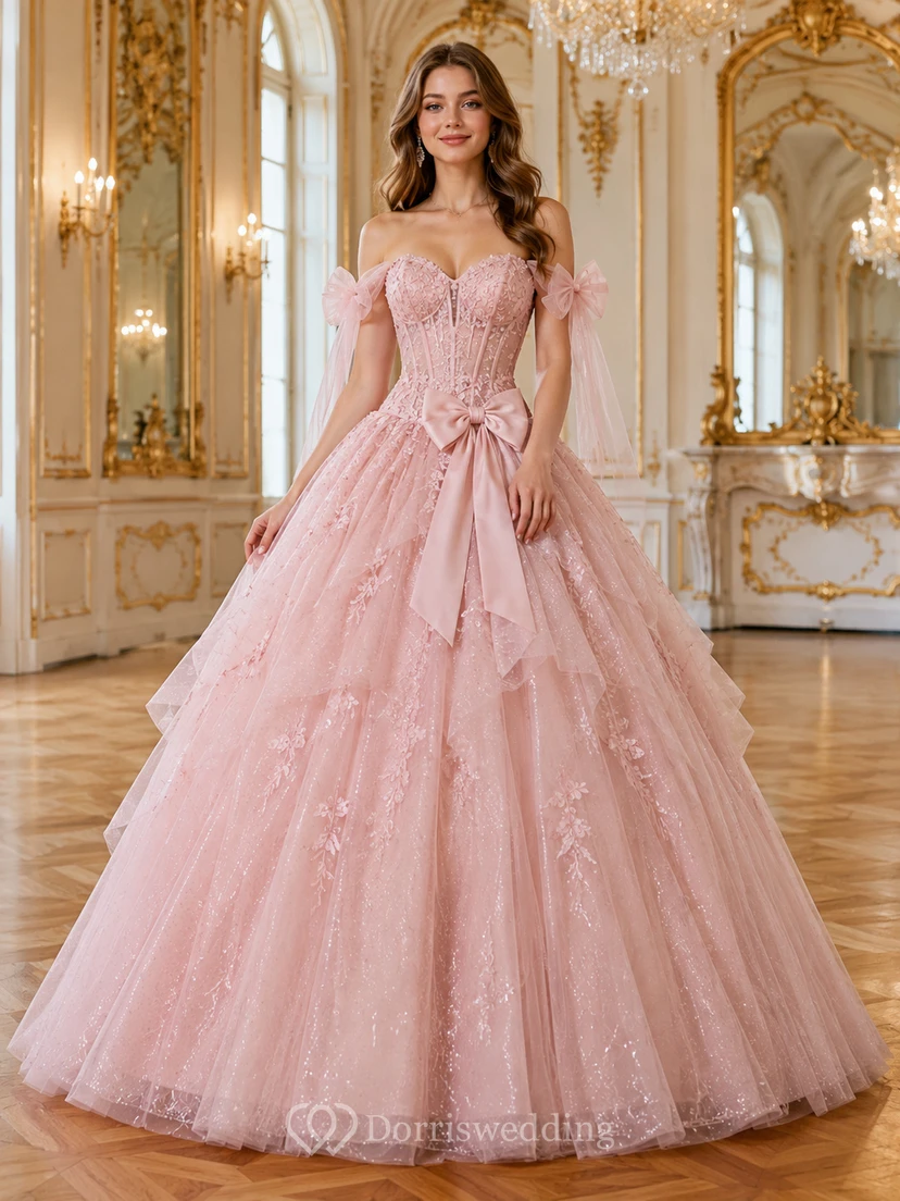 Blush Parisian Off Shoulder Bow Corset Glitter Tulle Quinceanera Princess Ball Gown