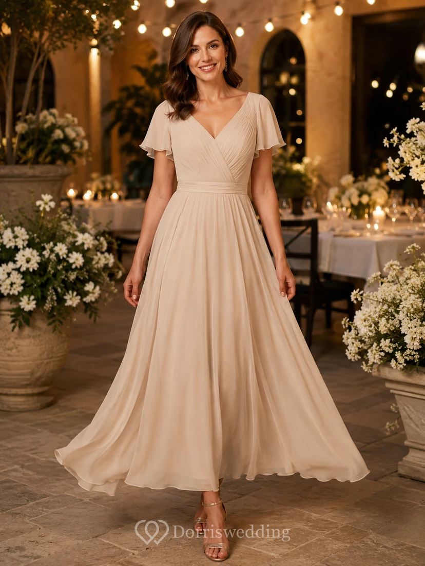 Champagne Chiffon V-neck Tea-length A-Line Guest Dress