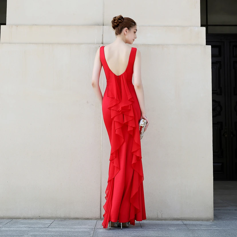 Abendkleid für die Braut, lang, ärmellos, rot, mit schmalem Meerjungfrauenschnitt, geeignet für Dankesbankette, Hochzeitsfeiern, Auto-Modelltreffen und Ausstellungen view 31
