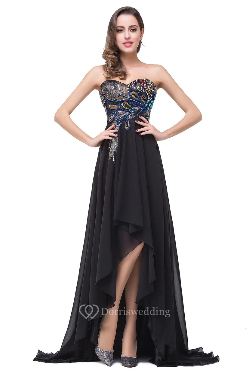 Newest Black Chiffon Peacock Prom Dress Hi-Lo Sweep Train