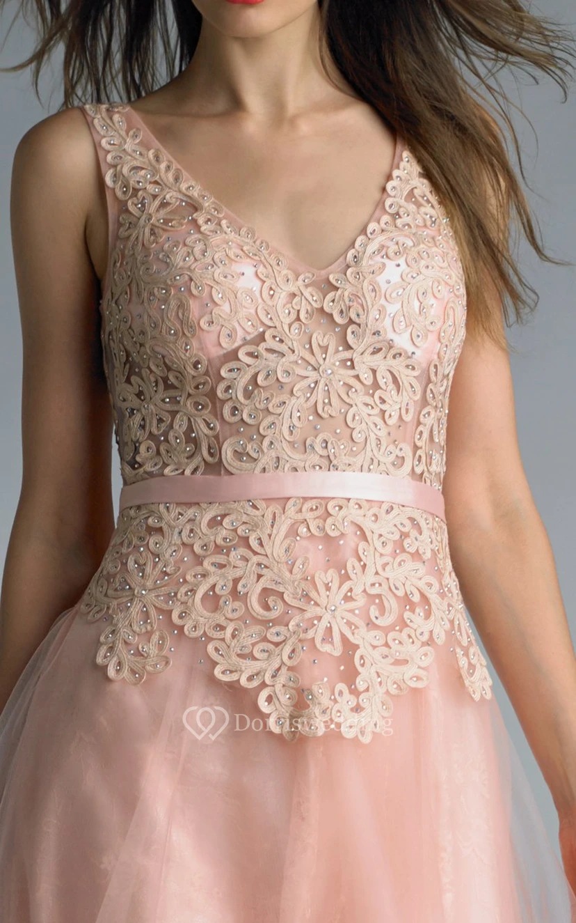 A-line Floor-length V-neck Sleeveless Tulle Low-V Back Dress view 3