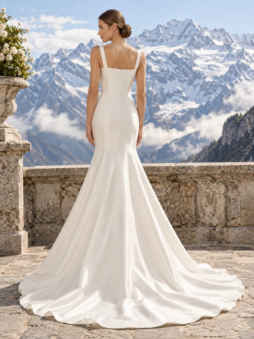 Vestido de novia sencillo de tafetán con escote cuadrado, estilo sirena, sin mangas y cola larga. view 2