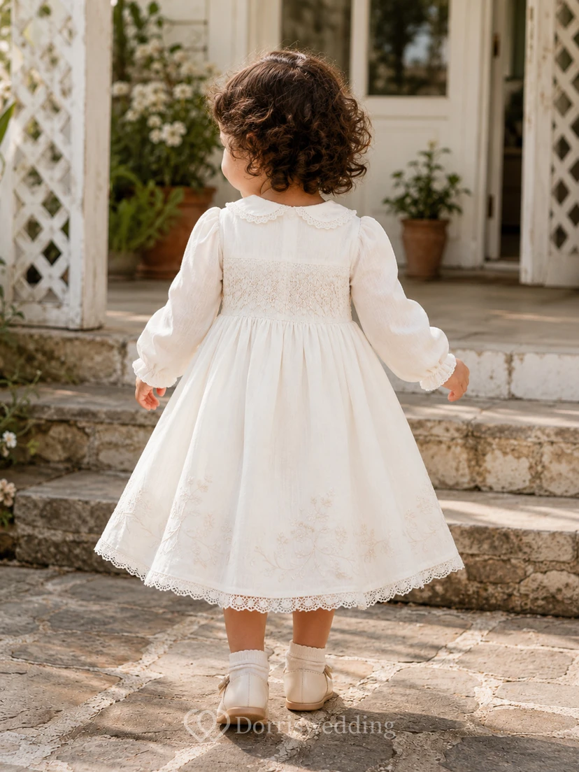 Long Sleeve Lace Baby Christening A-Line Tea-Length Bow Back Dress view 2