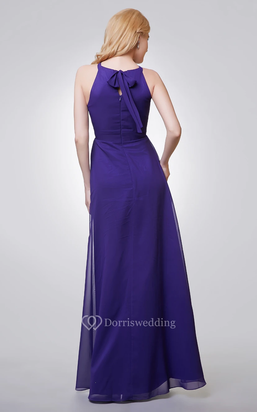 Halter A-line Long Chiffon Dress With Key-hole view 3