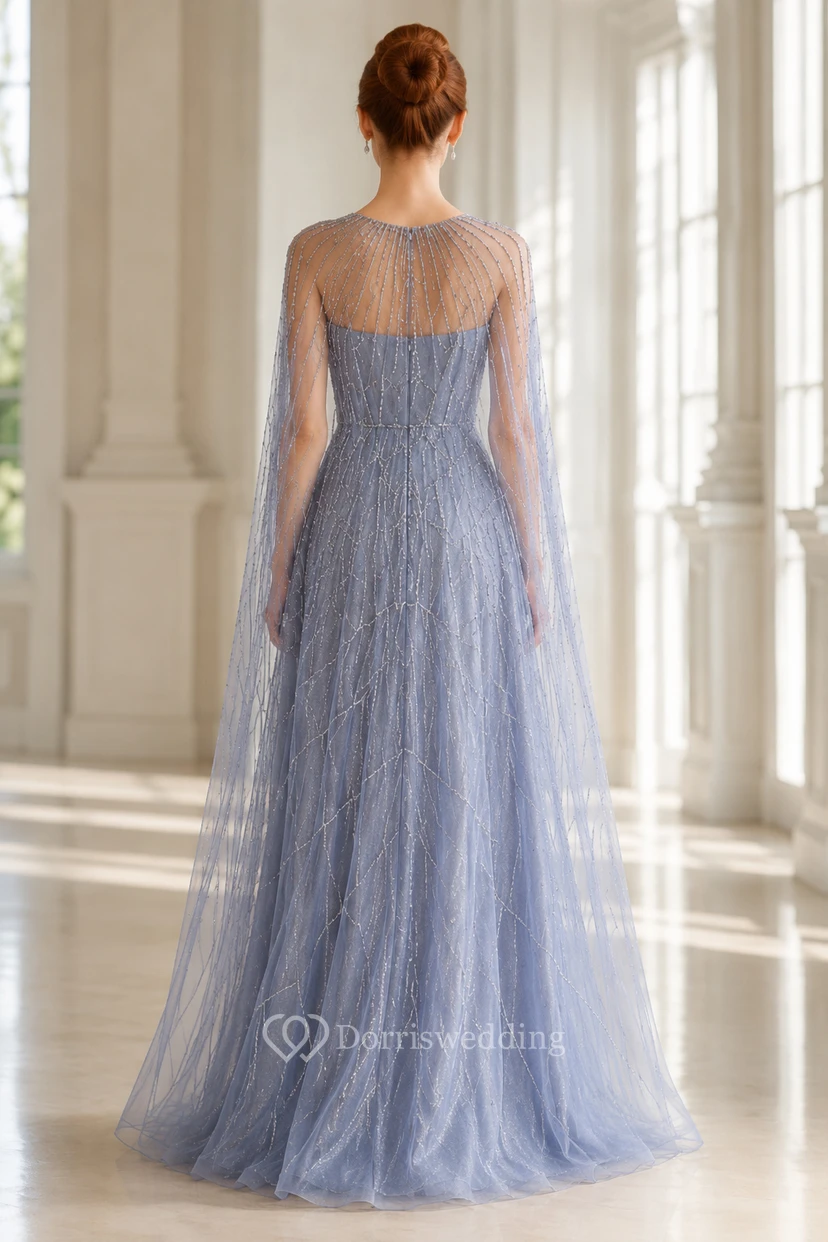Robe de soirée bleu acier en tulle illusion, coupe trapèze, ornée de perles linéaires, idéale pour les événements formels et les soirées. view 2