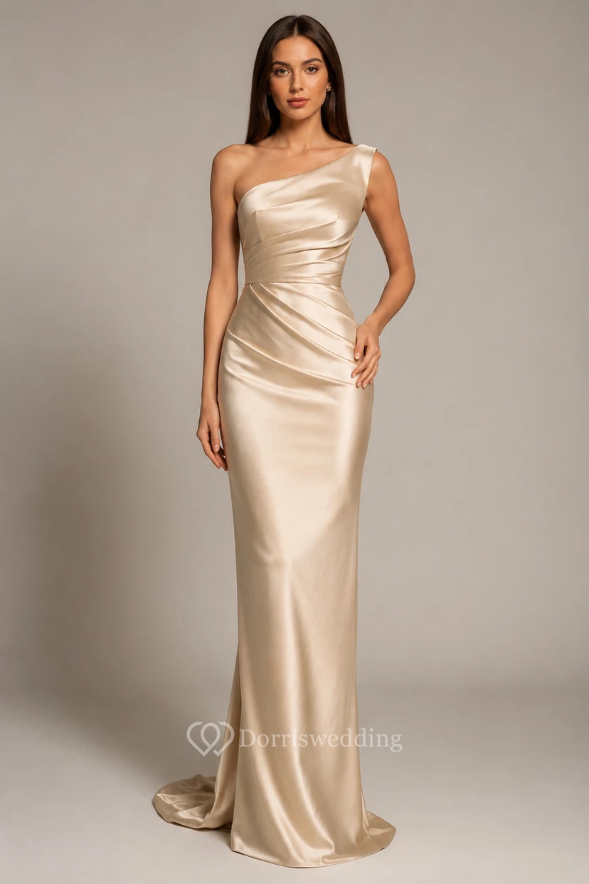 Evening Gown Champagne Satin Sheath One Shoulder Sleeveless Ruched Floor Length