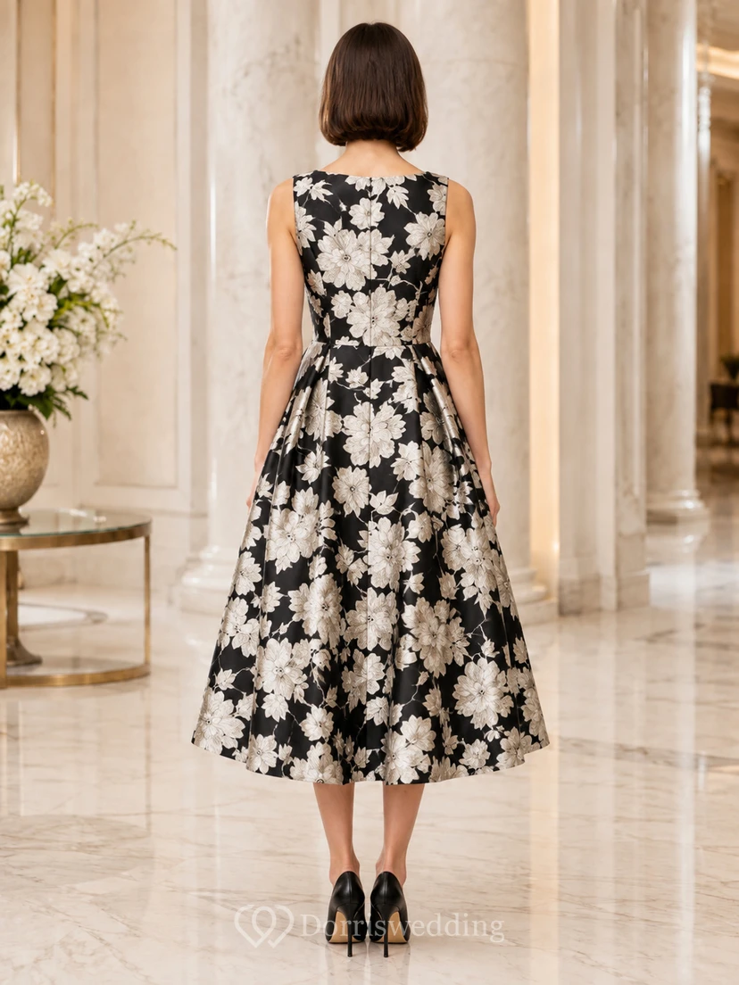 Schwarzes, ärmelloses, plissiertes Vintage-Teekleid aus Satin mit Blumenmuster und V-Ausschnitt view 2