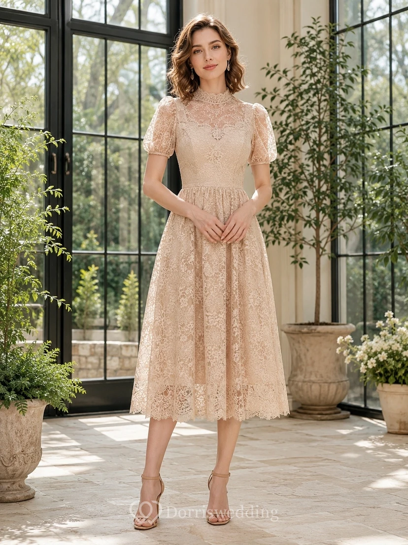 Champagne Lace Square Neck Short Sleeve A-Line Tea-length Formal Dress