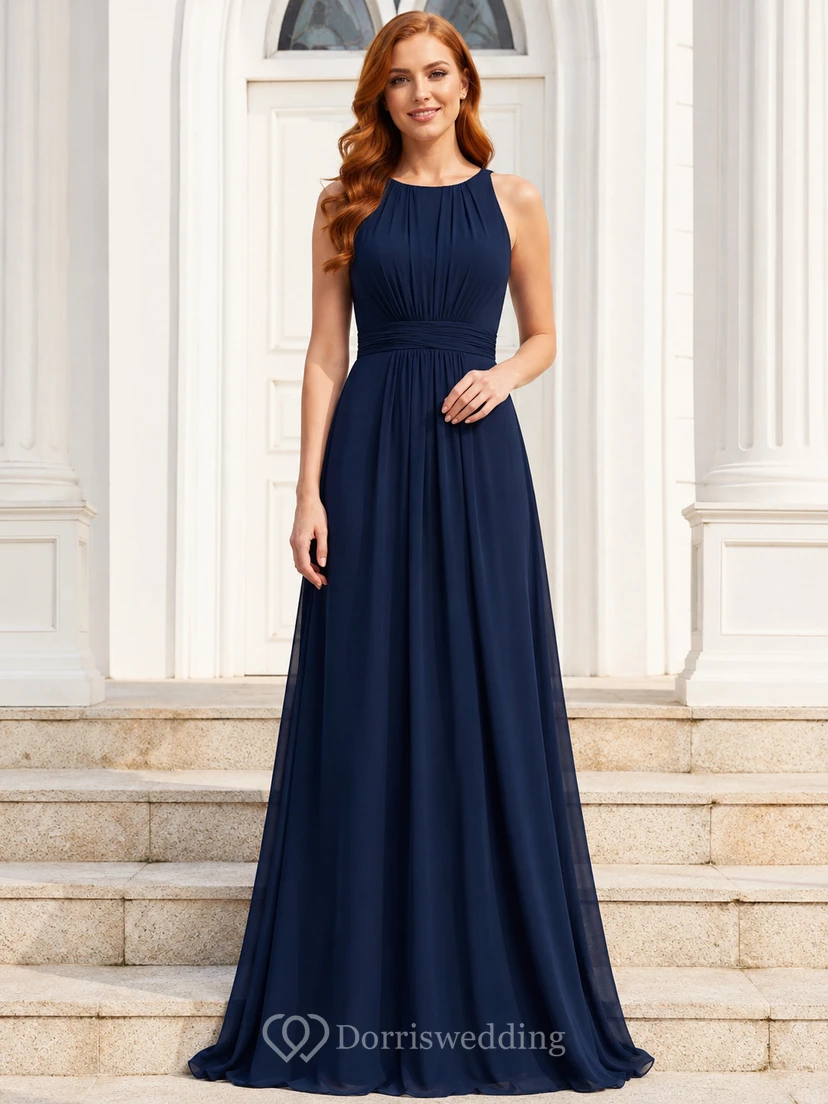Church Ceremony Formal Dark Navy Simple Elegant A-Line Chiffon Bridesmaid Dress with Halter High Neck Sleeveless Floor-Length Pleated Open Back