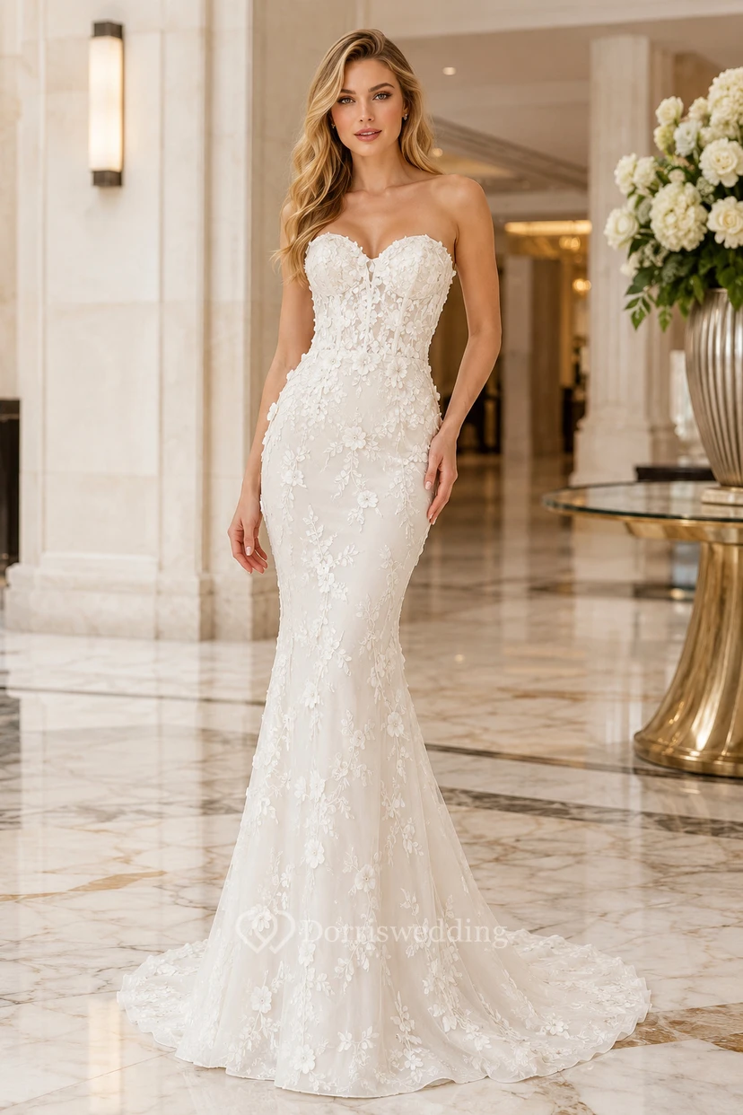 Evening Gown Ivory Lace Tulle Mermaid Strapless Sweetheart Sweep Train