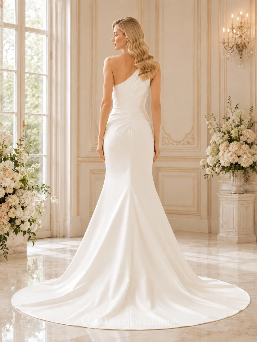 Vestido de novia sencillo de sirena con un solo hombro, de satén y cola larga. view 2