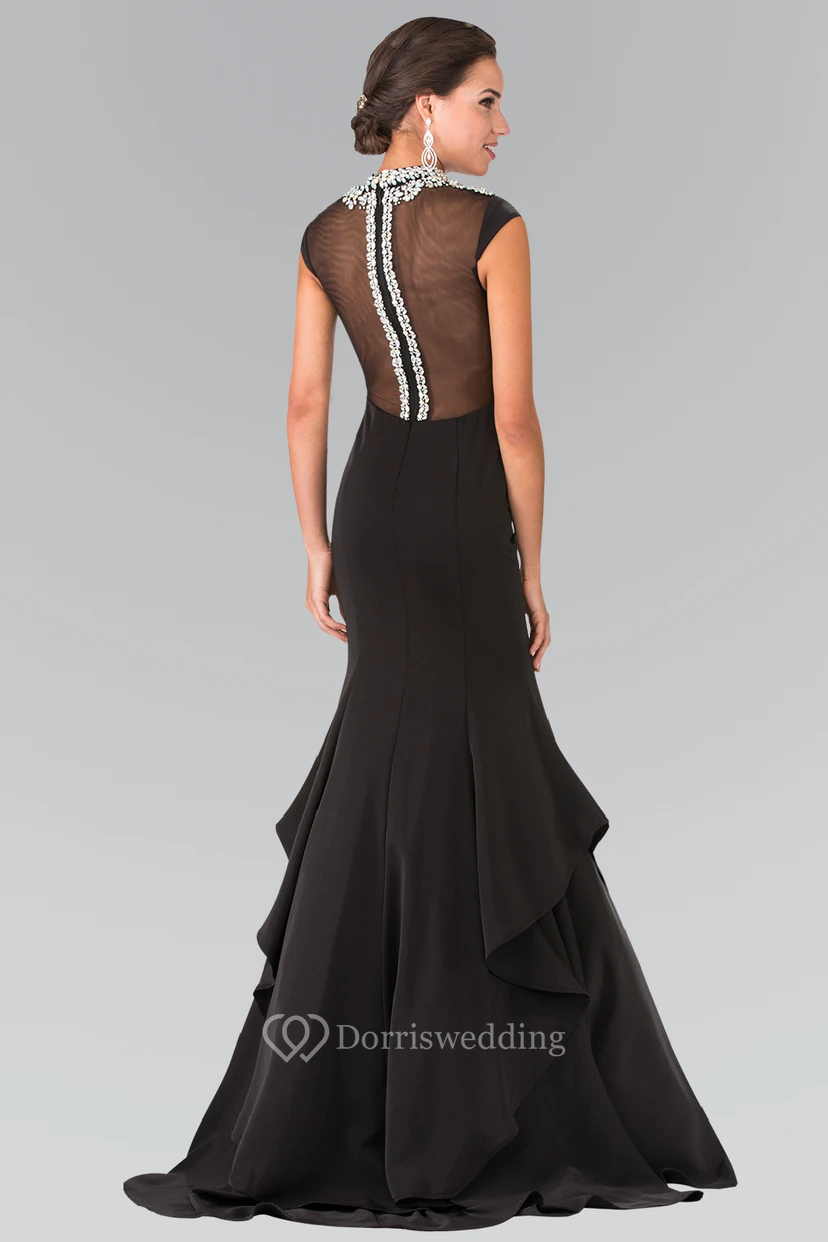 Mermaid Long High Neck Cap-Sleeve Satin Illusion Dress With Beading And Draping view 2