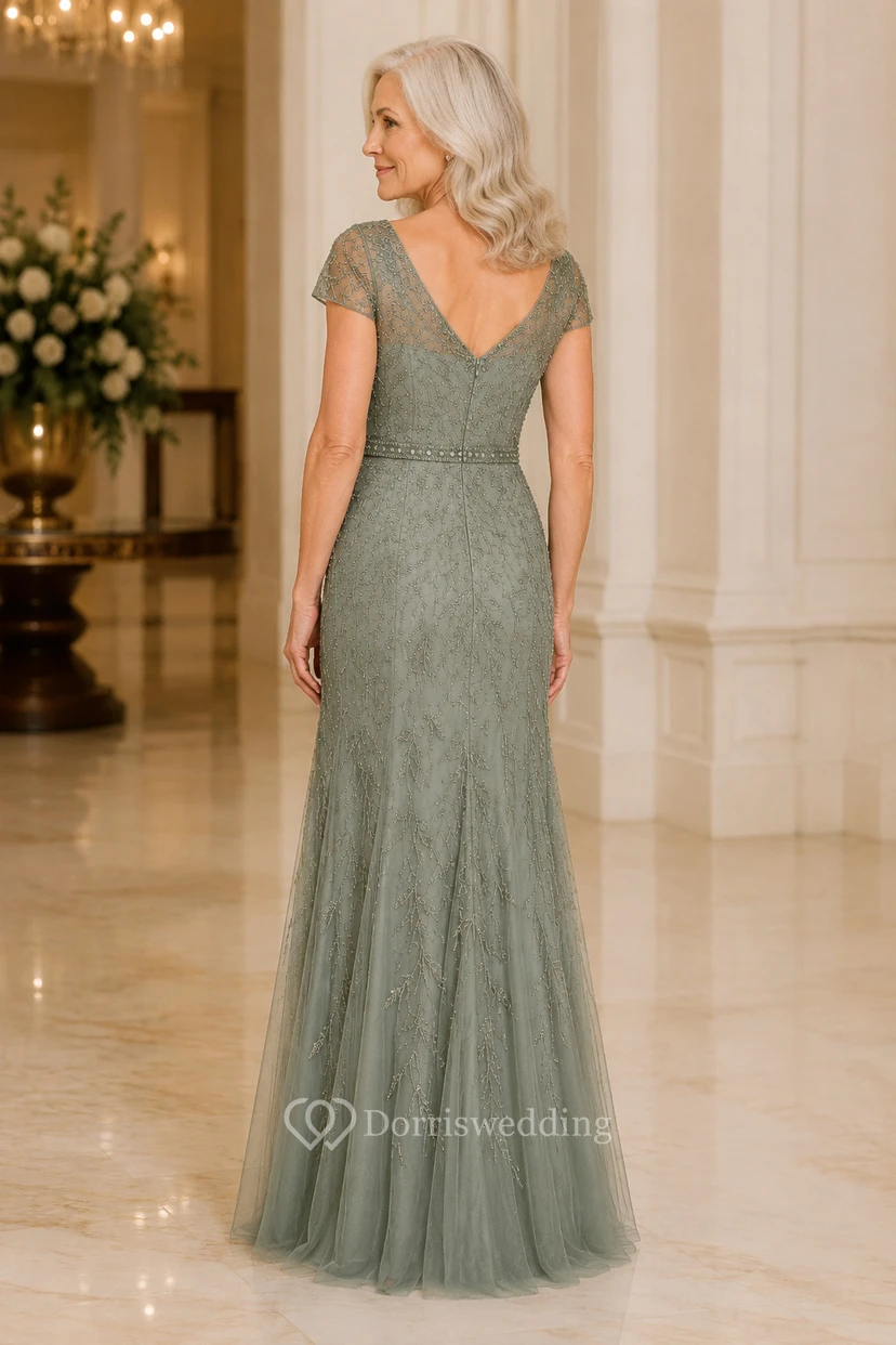 Sage Lace Mermaid Mother Dress With Cap Sleeves view 2