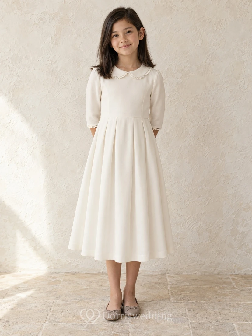 Modest Simple Ivory Tea-length Round-Collar Tiny-Loop-Lace-Cuff Slim Three-Quarter-Sleeve Cluster-Pleated Matte Zipper-Back Flowergirl Dress
