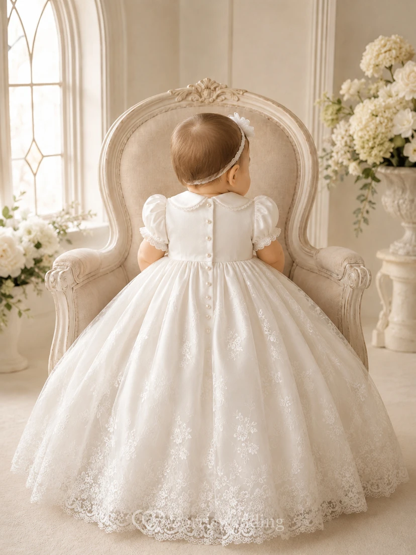Baby Baptism Christening Ceremony Gown A-Line Floor-Length Scoop Neck Puff Sleeve Tulle Lace Button Back view 2