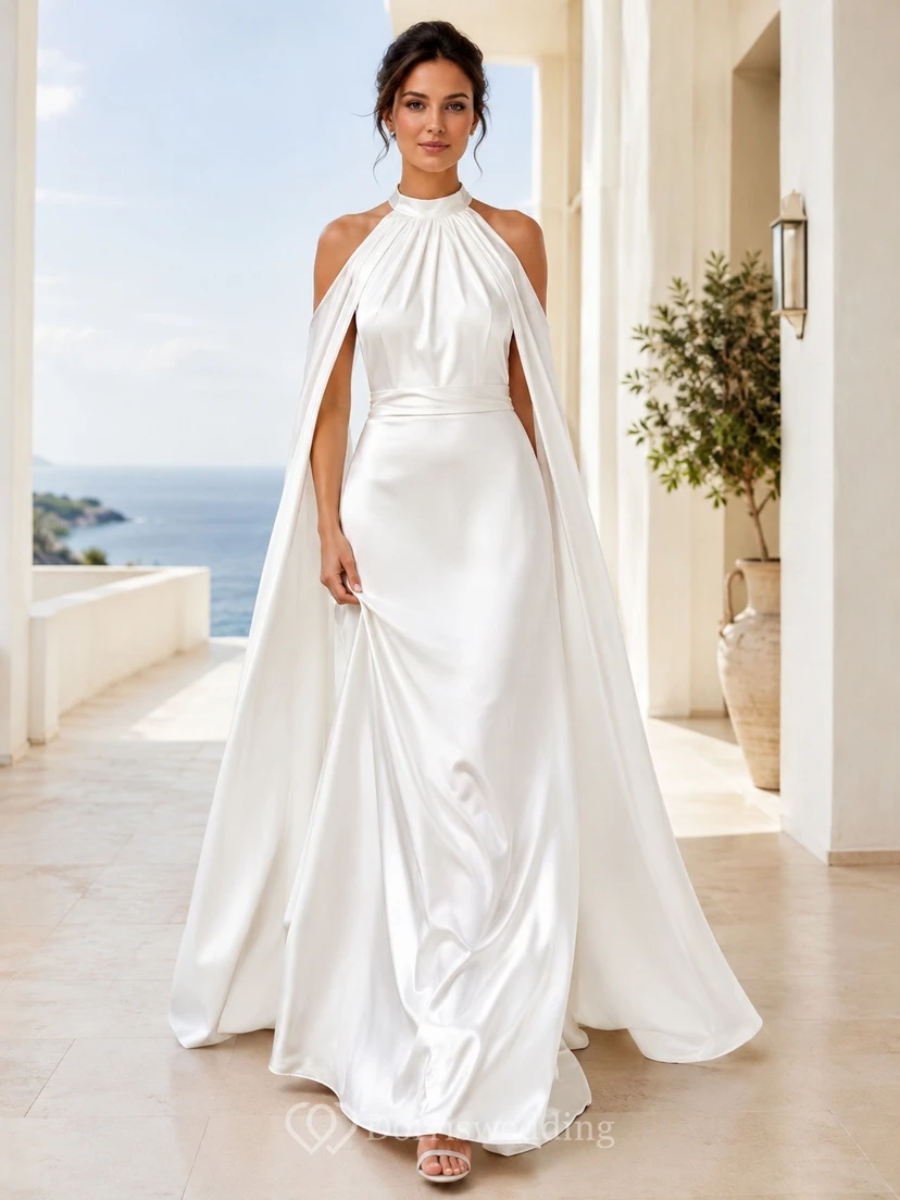High Neck Cape Sleeve Satin A-Line Floor-Length Elegant Wedding Dress