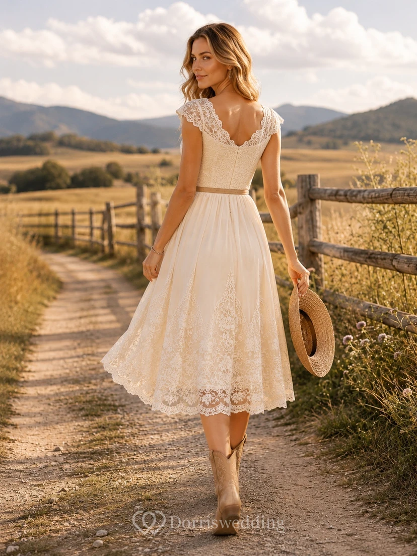Ivory Lace V-Neck Flutter Sleeve Sash A-Line Tea-Length Bohemian Dress view 2