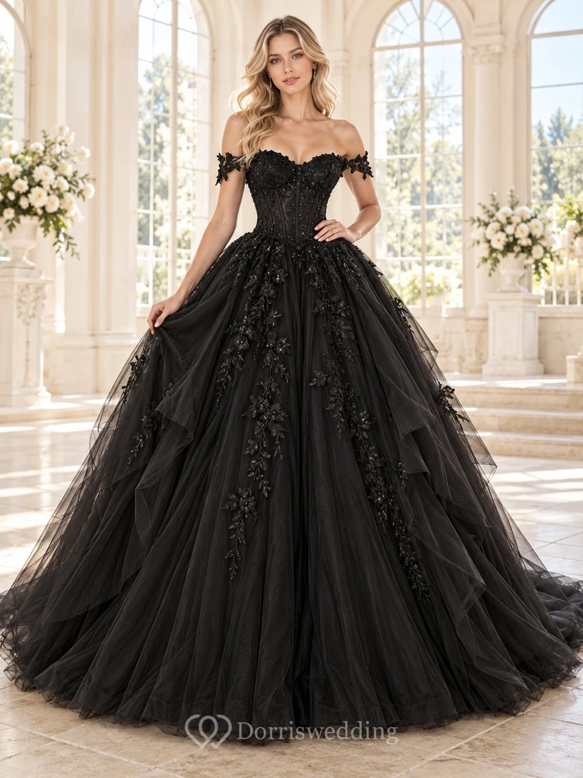 Black Off Shoulder Sweetheart Floral Tulle Ball Gown Wedding Dress