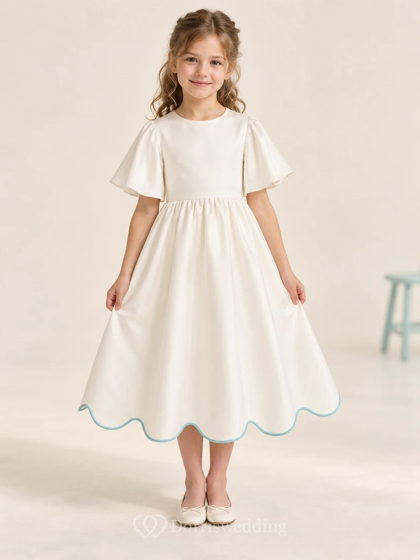 Modest Ivory Tea-length Broad Flutter Sleeve Aqua Piped Scalloped Satin Flower Girl Dress