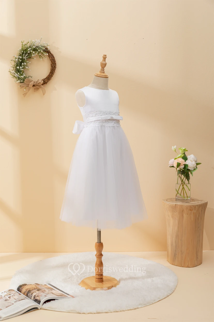 Scoop-neck A-line Empire Communion Flowergirl Dress with Beaded Waist view 6