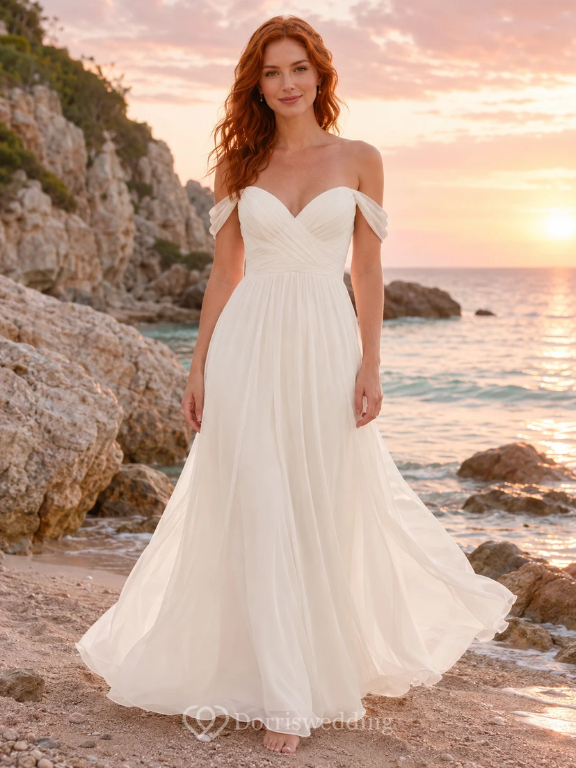Vestido de novia de gasa de corte A con escote corazón y hombros descubiertos, ideal para la playa.