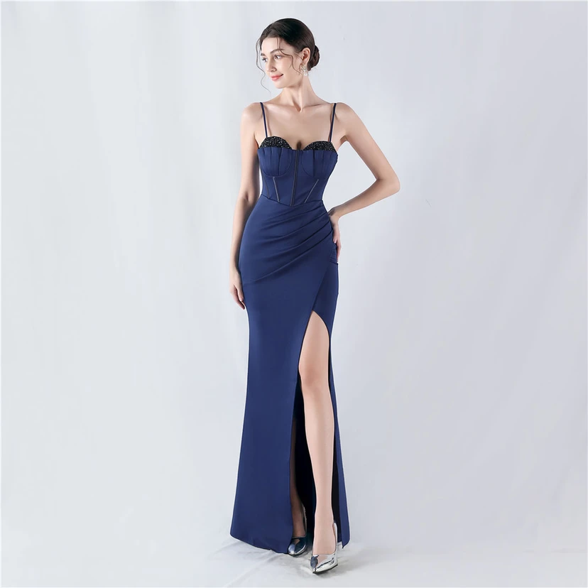 Fishbone Waist Set Crystal Diamond Satin Host Evening Dress view 56