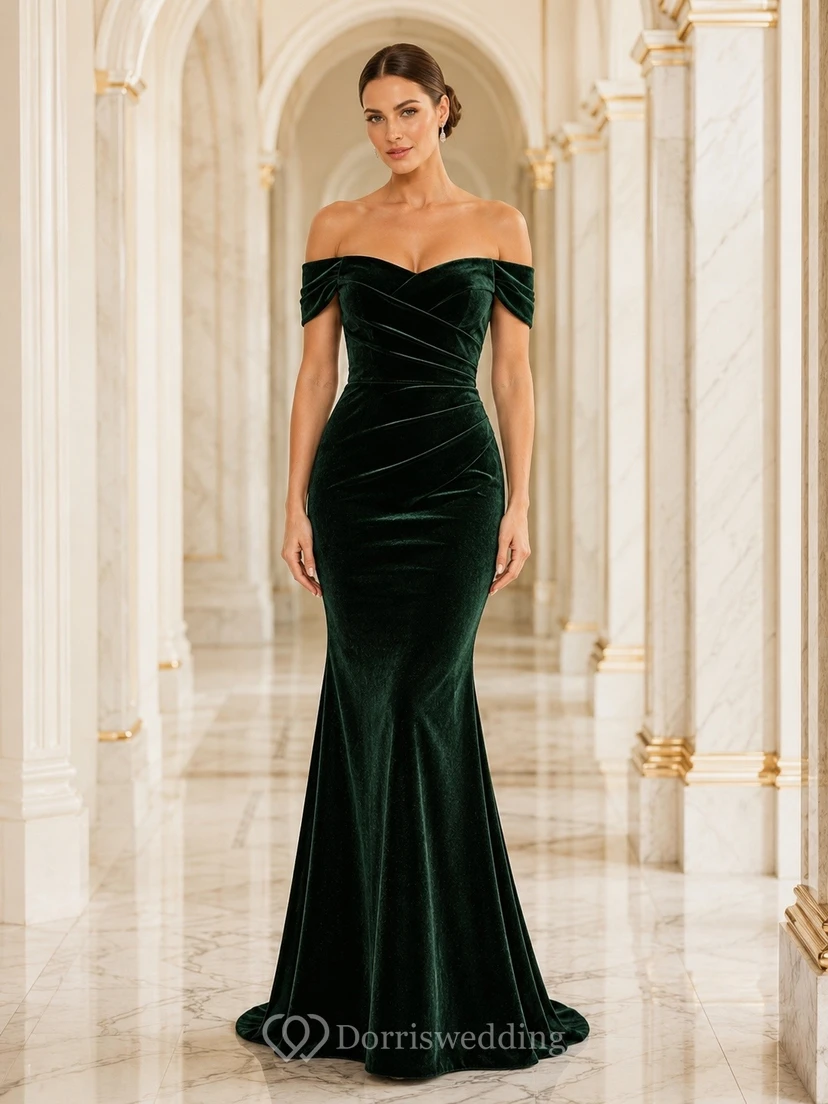 Luxury Dark Green Off Shoulder Long Sleeve Mermaid Velvet Dress
