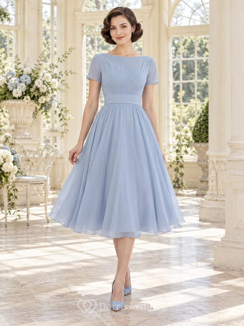Vestido de dama de honor de gasa plisada de manga corta con escote barco, largo hasta la rodilla, color azul cielo vintage