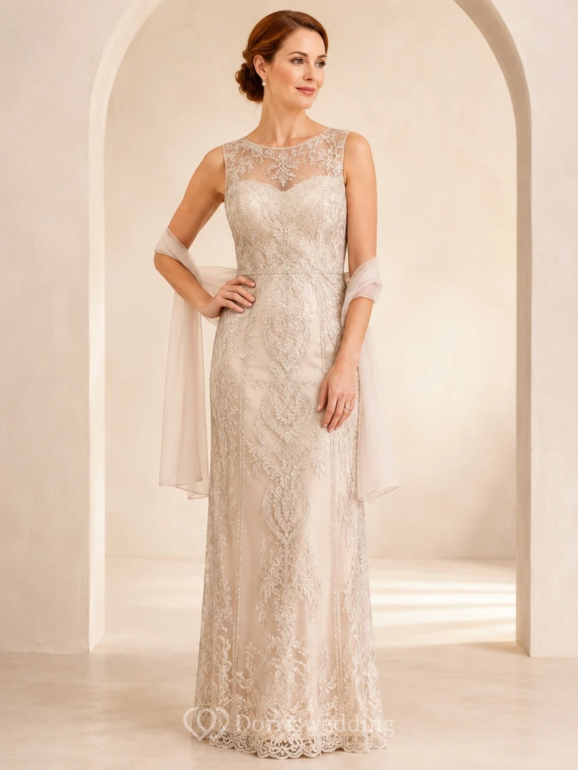 Vestido de noche formal largo hasta el suelo, sin mangas, de encaje color marfil con escote joya