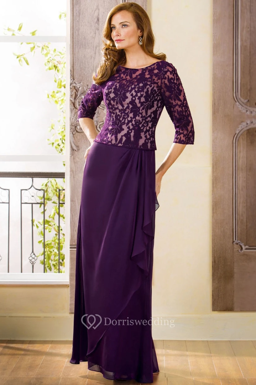 3-4 Sleeved Long Mother Of The Bride Dress With Lace And Keyhole Back