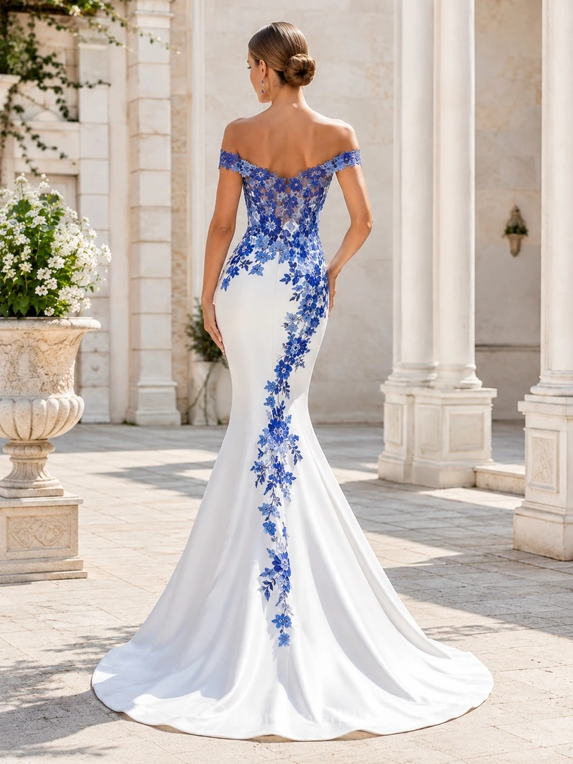 Himmelblaues, kobaltblaues Meerjungfrauen-Brautkleid aus Satin mit schulterfreiem Ausschnitt und kurzen Ärmeln view 2