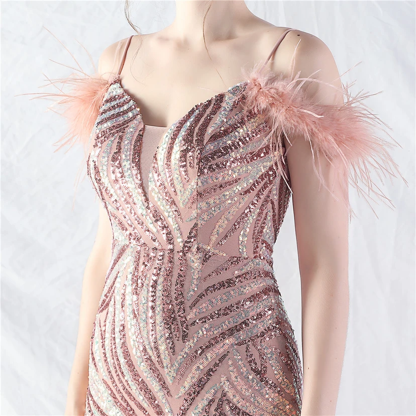 Crafted Ostrich Feather Stacked Sequins Splicing Mesh Gauze High-End Evening Dress Clothes view 39