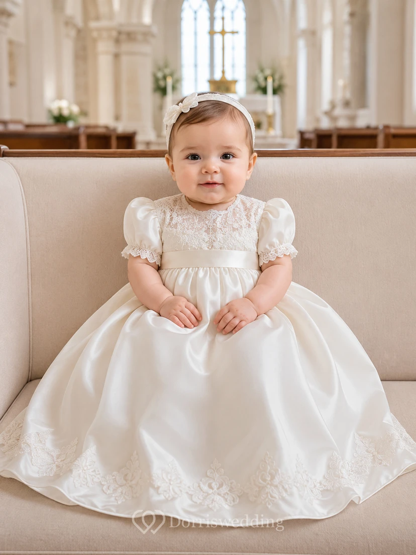 Elegantes kirchliches Taufkleid in A-Linie mit Puffärmeln aus Satin, bezauberndes romantisches Spitzenkleid mit kurzen Ärmeln