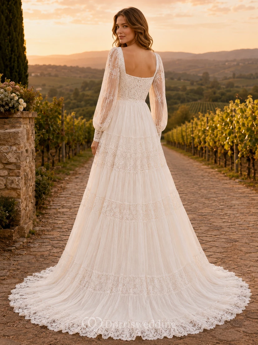 Bohemian Square Neck Long Puff Sleeve Tiered Lace Tulle A-Line Sweep Train Wedding Dress view 2