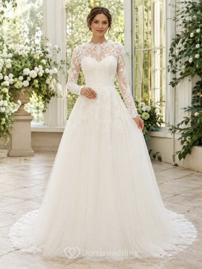 Modest Lace Tulle Wedding Dress Ball Gown Jewel Neck Long Sleeve Sweep Train Bridal Gown