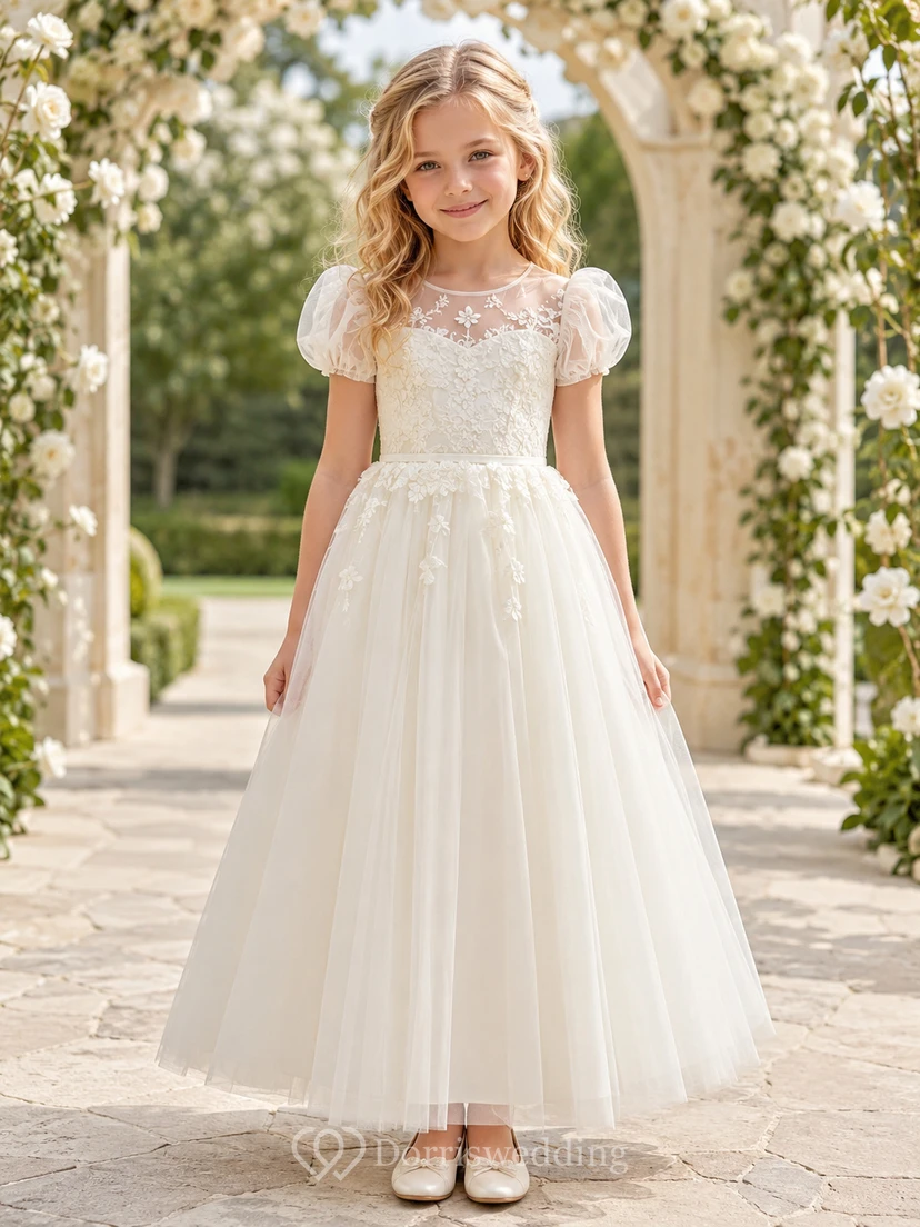 Blumenmädchenkleid aus elfenbeinfarbener Spitze und Tüll, A-Linie, Rundhalsausschnitt, Teelänge