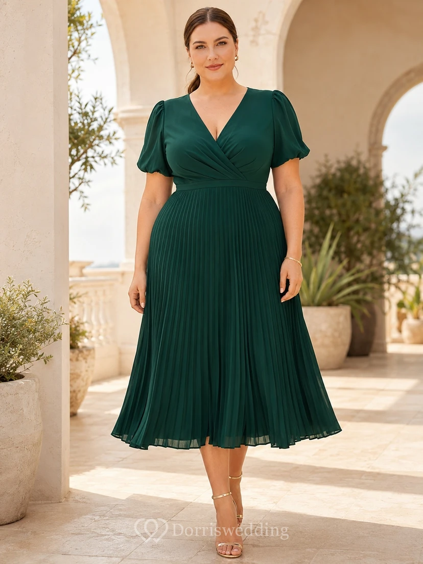 Dark Green V-Neck Short-Sleeve Jersey A-Line Tea-length Plus-Size Pleated Guest Dress
