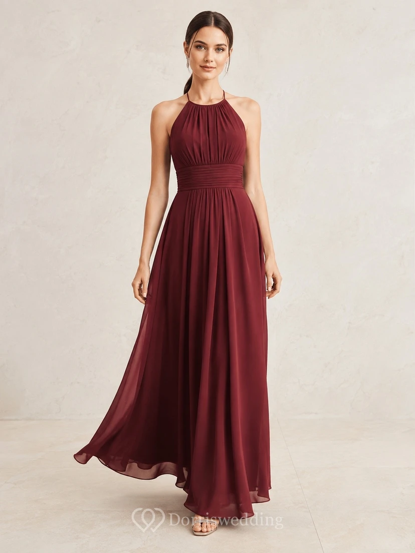 Burgundy High Neck Sleeveless Chiffon Empire Formal Dress