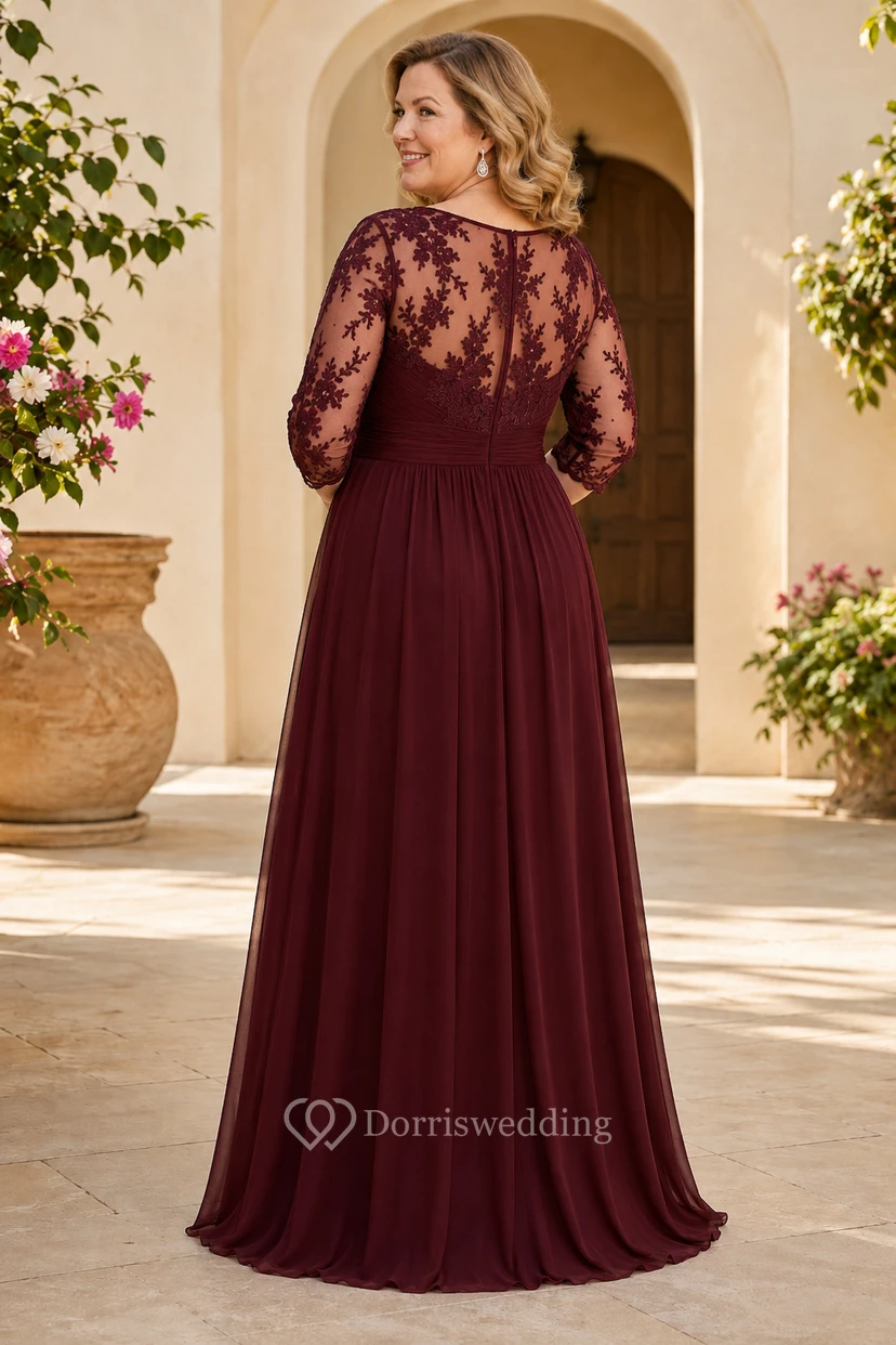 Mutterkleid aus burgunderfarbenem Chiffon mit Spitzeneinsatz in Übergröße view 2