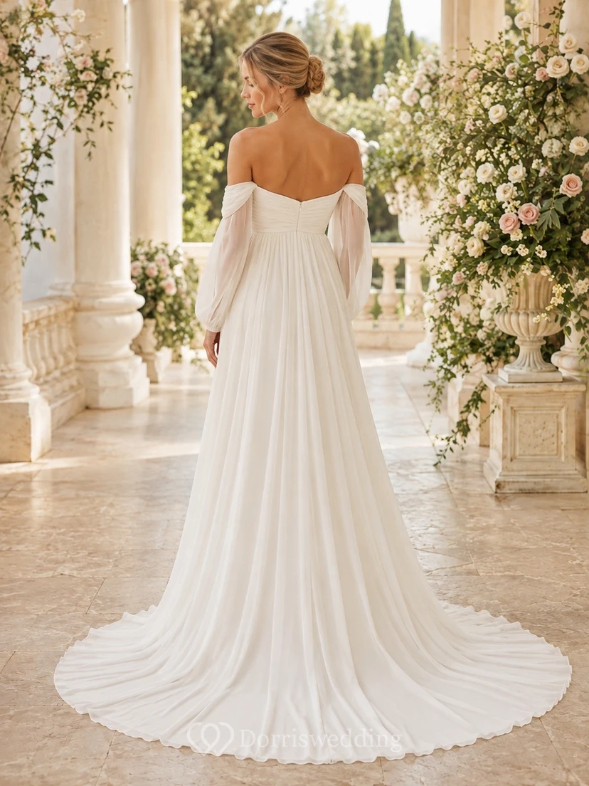 Vestido de novia de gasa de manga larga con hombros descubiertos y corte en A para embarazadas view 2