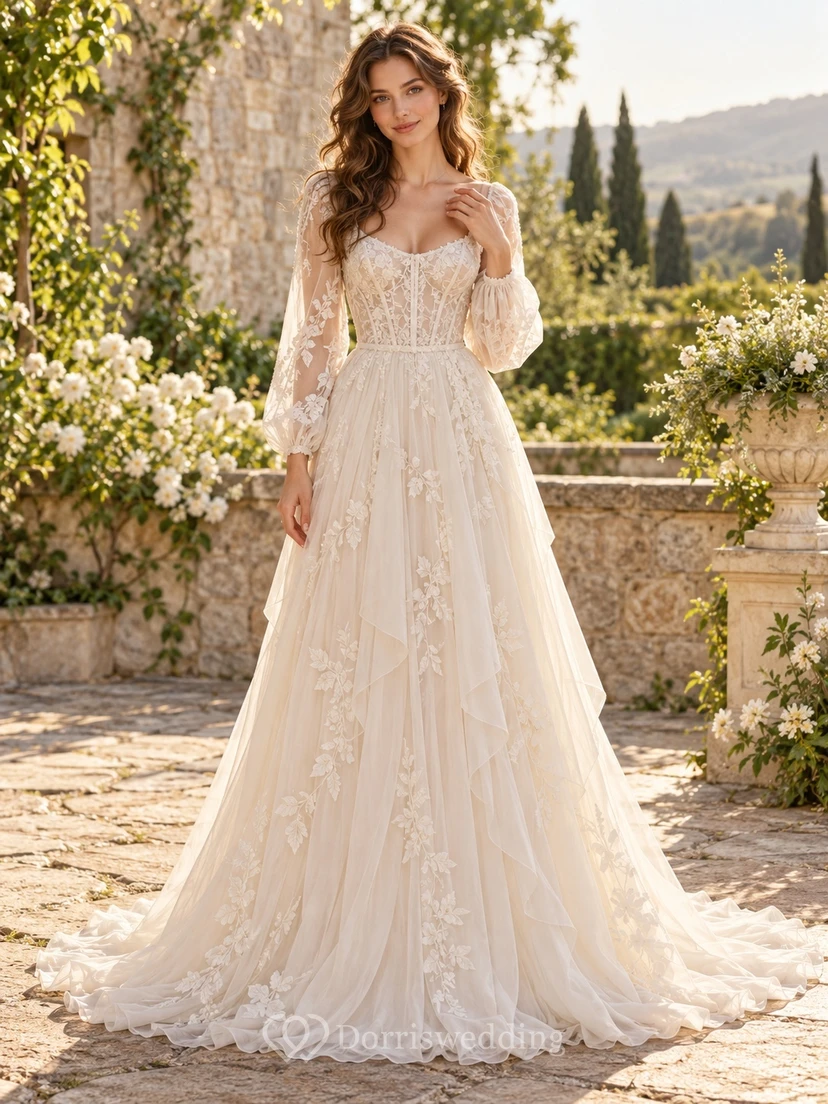 Long Sleeve Corset Sweetheart Floral Tulle A-line Romantic Wedding Dress