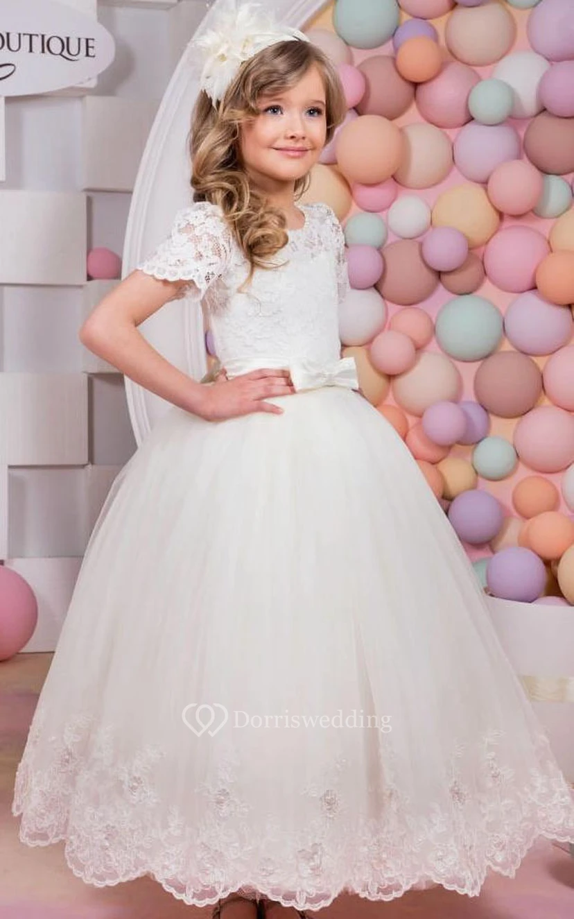 Flower Girl Jewel Neck Tulle Ball Gown With Lace Top view 2
