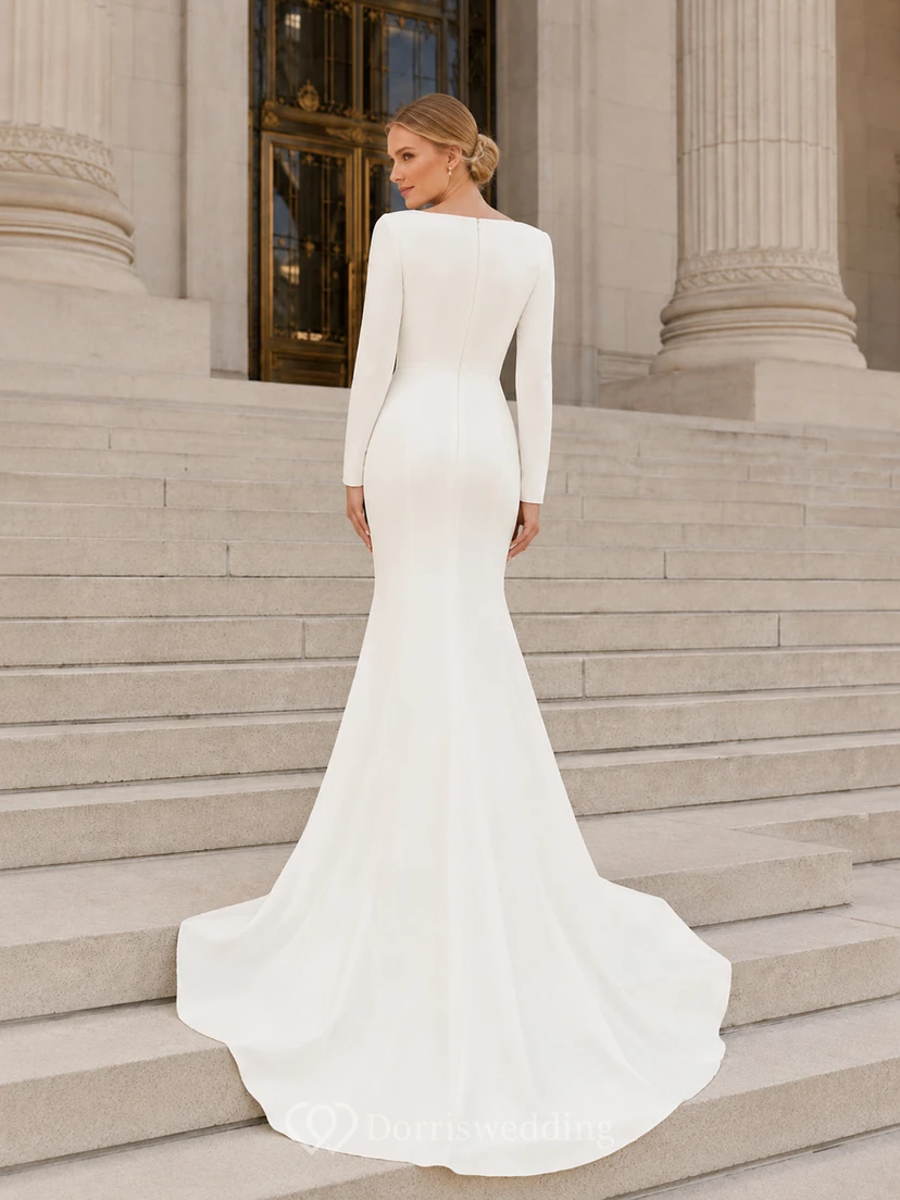 Simple Modest Crepe Long Sleeve City Hall Wedding Dress view 2