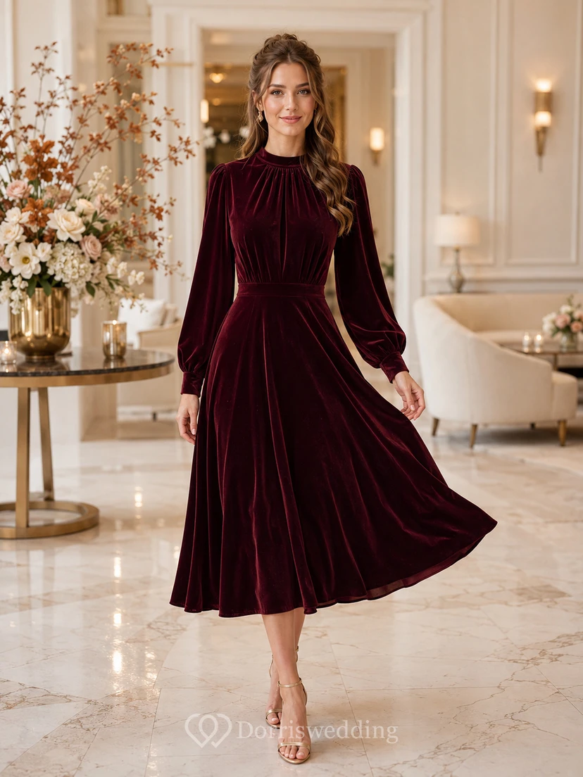 Burgundy High Neck Long Puff Sleeve Velvet A-Line Midi Guest Dress