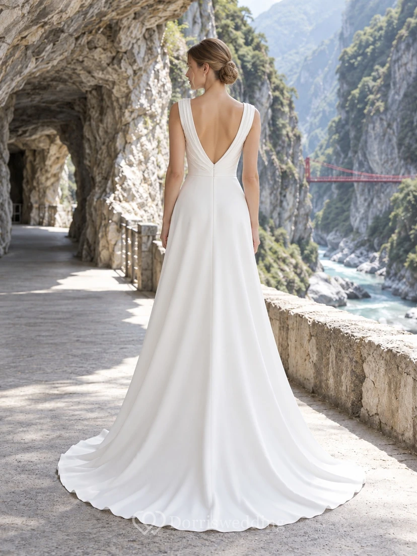 Schlichtes, ärmelloses Brautkleid in A-Linie mit drapiertem Rundhalsausschnitt und V-Ausschnitt am Rücken view 2